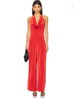 WeWoreWhat Red Draped Halter Wide-Leg Jumpsuit
